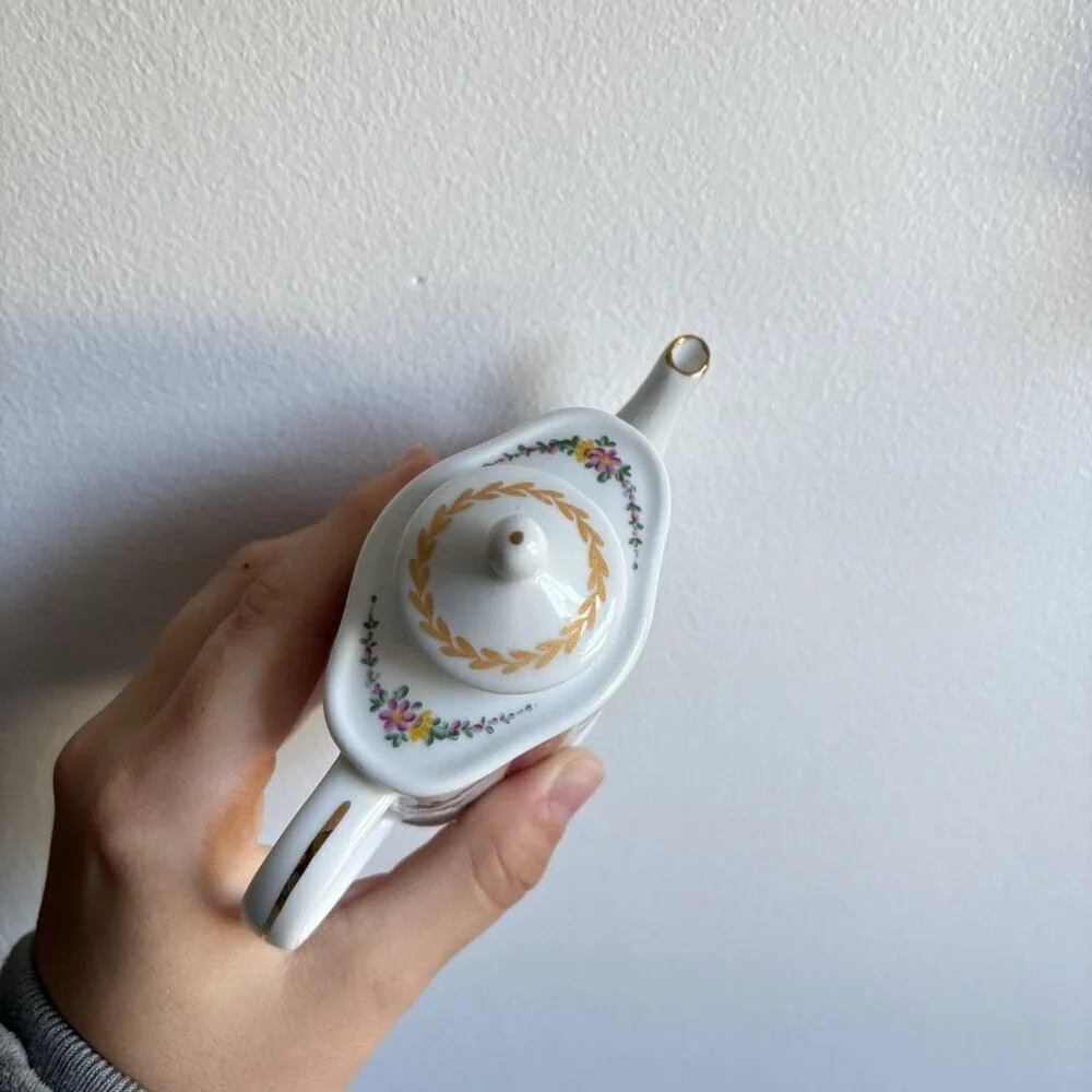 Vintage Bone‎ China Small White Pink Floral Tea Pot Gold Strips Doll